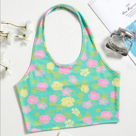 SHEIN Tops - Floral Print Backless Rib Knit Halter Crop Top